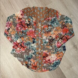 Fig & Flower Anthropology Floral Geometric Patterned Chiffon Roll Sleeve Shirt